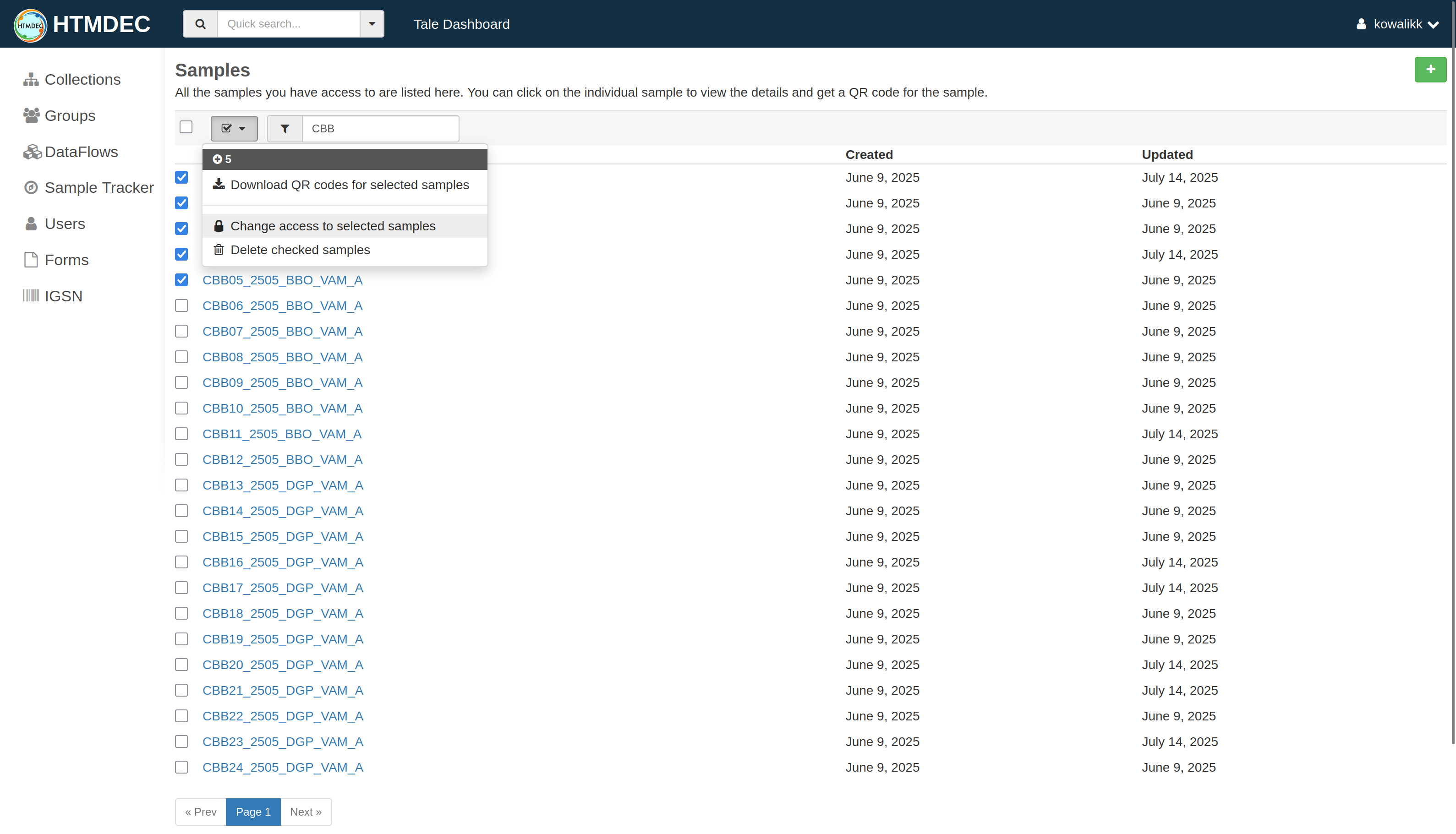 Screenshot showing the dropdown menu with bulk action options for samples